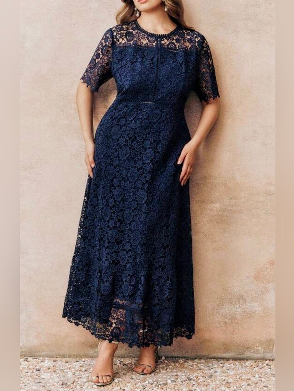 New PLUS Embroidered Lace Midi Dress Short Sleeve Ruffle Hem Navy Blue